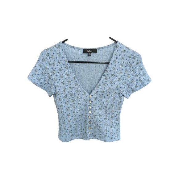 Blue Floral Print Short Sleeve Button-Front Top Lulus XS - Picture 1 of 6
